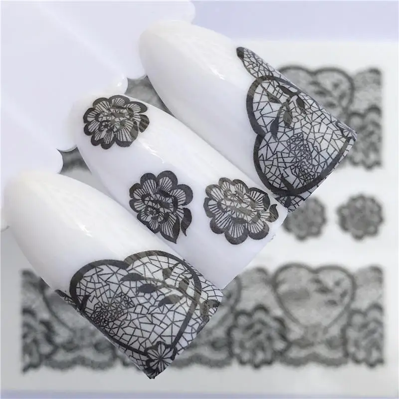 YZWLE лето кружевной Цветочный дизайн ногтей Наклейка переводная вода белый черный Типсы для женщин макияж татуировки