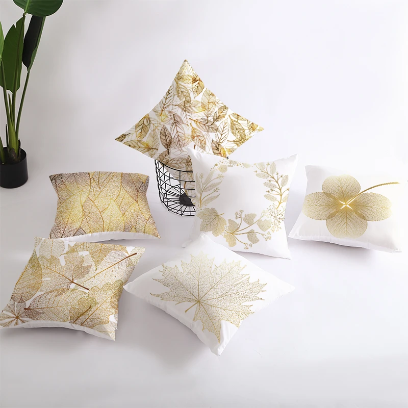 

Nordic Style golden leaf-pattern cushion cover for sofa White printed Polyester decorative pillows Square home decor pillowcase