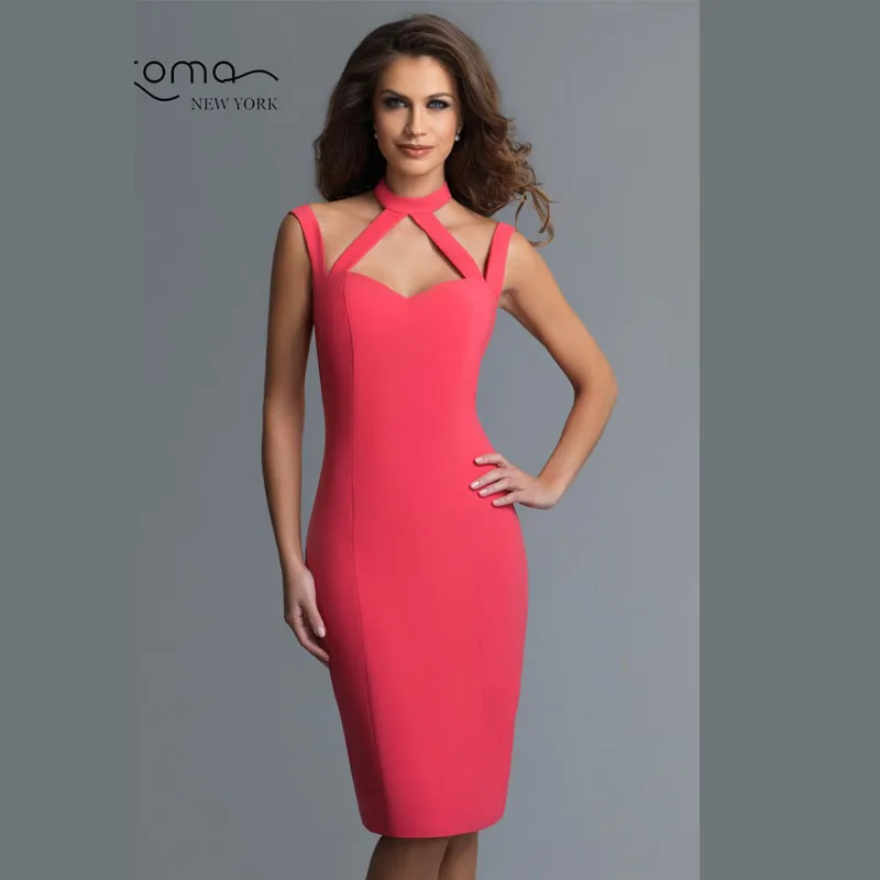 2016 Coral Open Back Knee Length High Neckline Formal Party Dresses