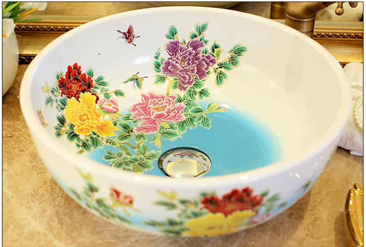 Europe Vintage Style Lavobo Ceramic Washing Basin Counter top Bathroom Sink hand painted vessel sinks Peony painting black (5)