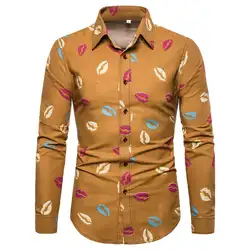 Гавайская рубашка для мужчин с модным принтом губ льняная приталенная с длинными рукавами Повседневные мужские рубашки платье Блузка для