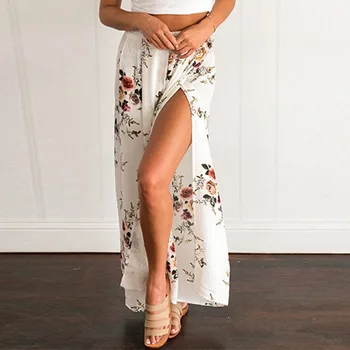 

2019 new ladies high waist printing bohemian slit wide leg pants summer double-decker beach A word printing elastic waist mujer