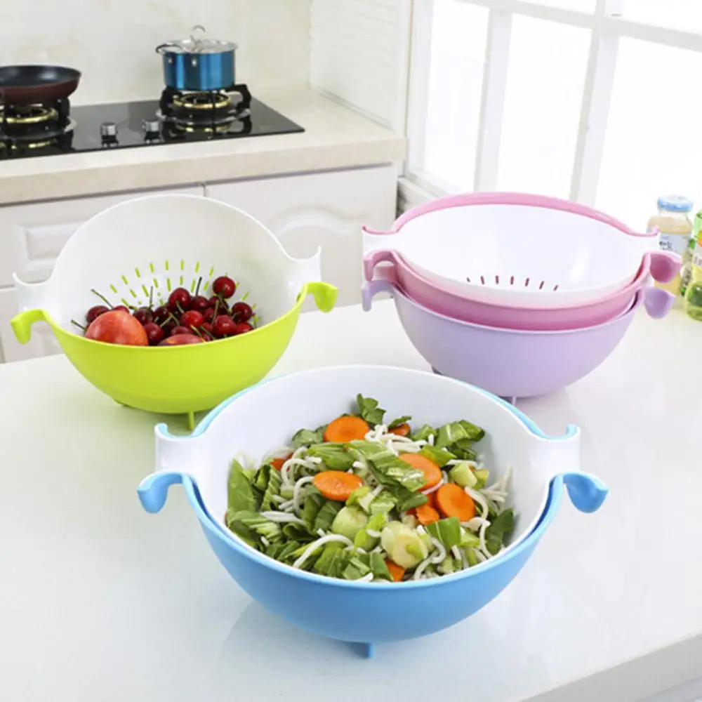 

New Multi-Fonction Rotate Plastic Double-Layer Round Household Draining Basket Kitchen Fruits Vegetables Basket - Blue/Green