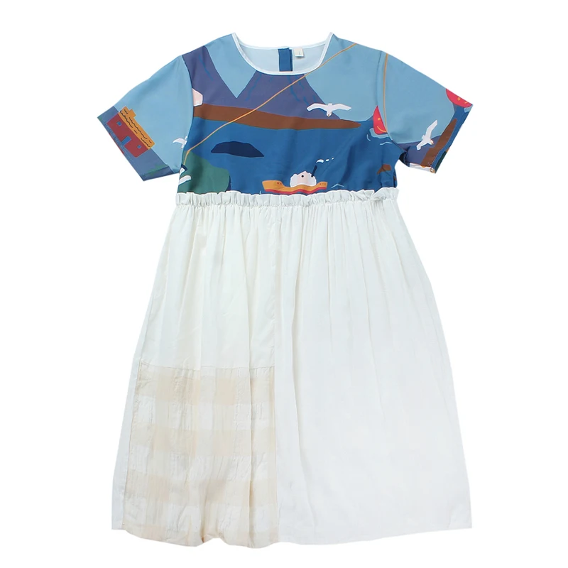 

Summer New Arrival Women Loose Dress Chiffon Stitching Cotton Short Sleeve High Waist Dresses Perppy Style Cartoon Printed