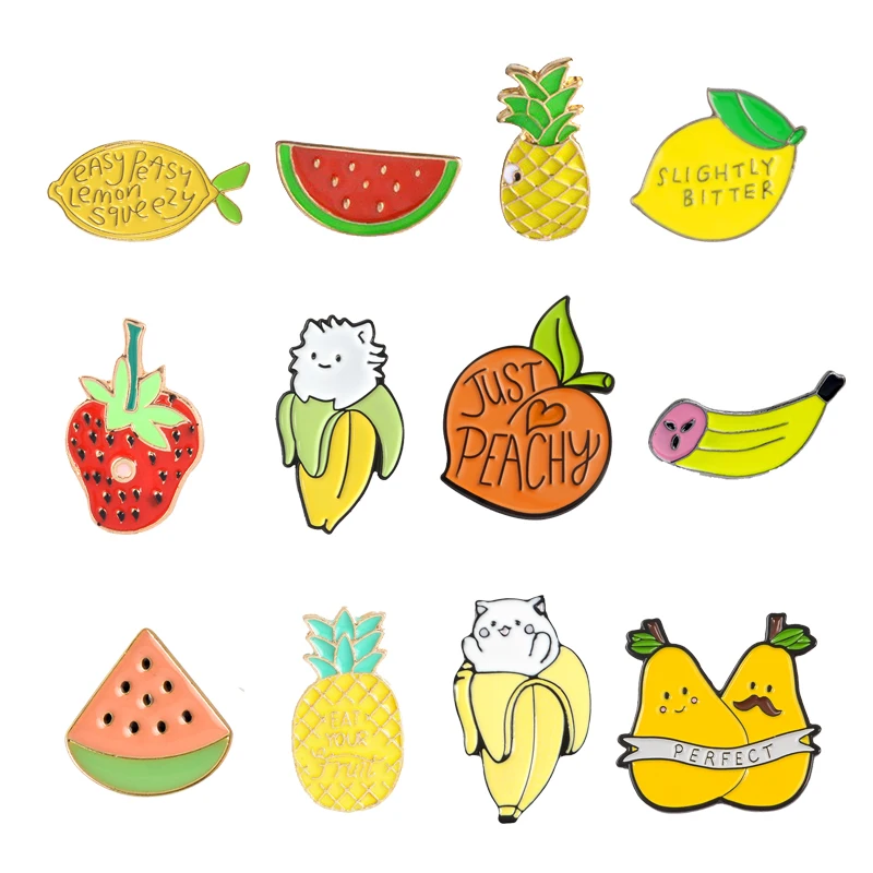 

Fruit Party Pins Pear Pach Watermelon Banana Orange Lemon Strawberry Food Brooches Fruit Lapel pins Fruits Jewelry