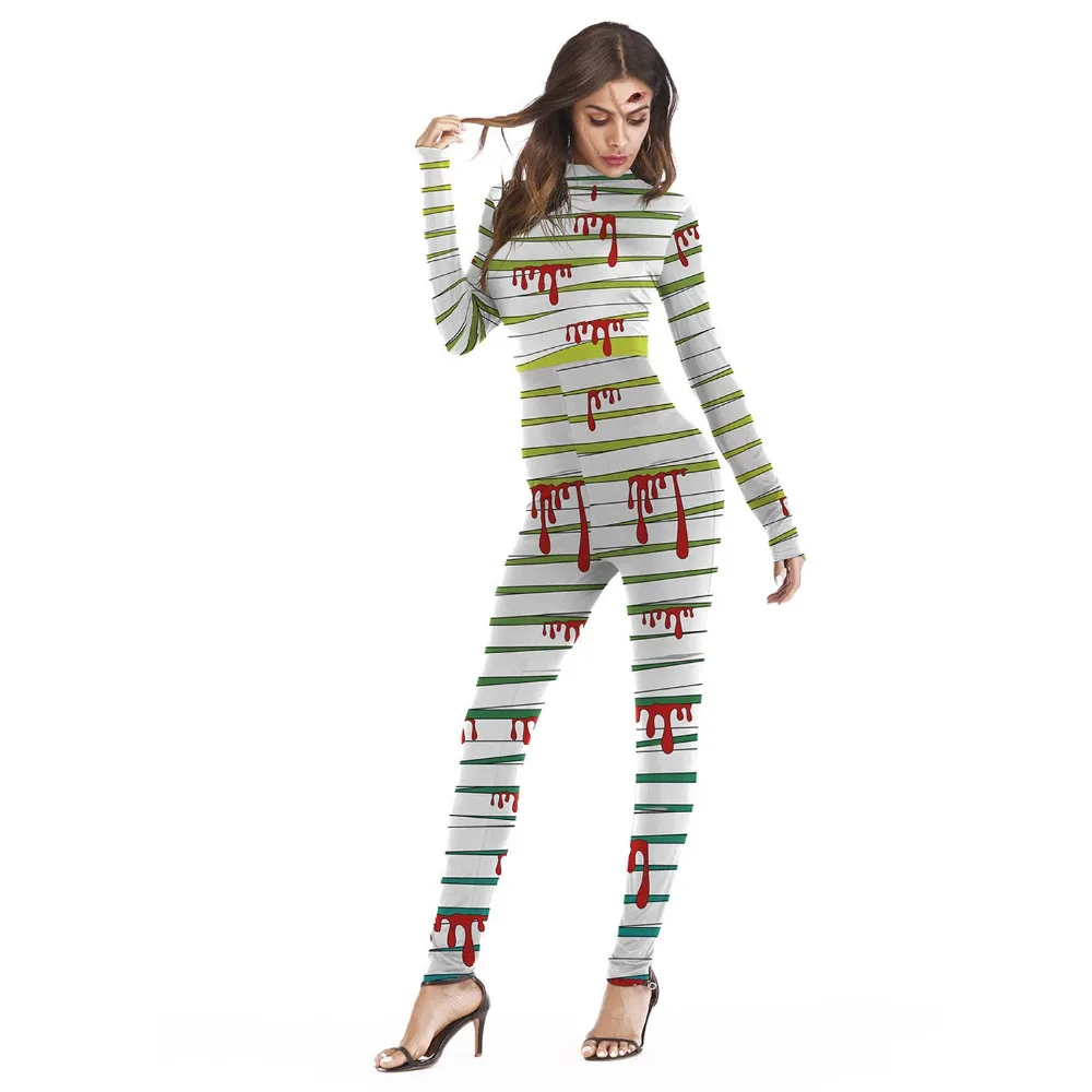 Women Bodysuits Halloween Party Costumes 3D Skull Ghost Clothes Adult Rose Printing Jumpsuits  (5)