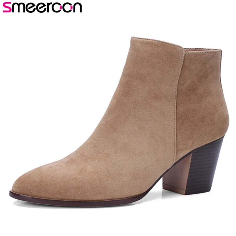 

Smeeroon 2018 fashion style autumn boots women round toe high heels ankle boots high quality suede leather boots big size 33-43