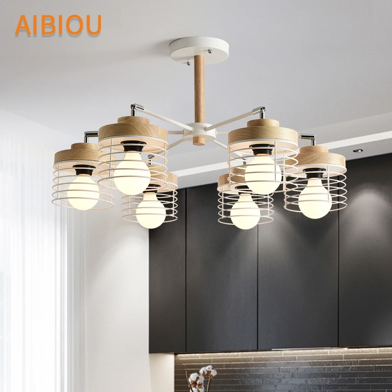 Us 174 0 25 Off Aibiou Wooden Chandelier For Living Room Modern Ceiling Mounted Chandeliers 3 Lights Lustre 6 Lampshades Dining Light 8 E27 In