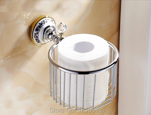 New US Free Shipping Wall Mounted Chrome Finish Ceramics Base Bathroom Toilet Roll Paper Basket Tissue