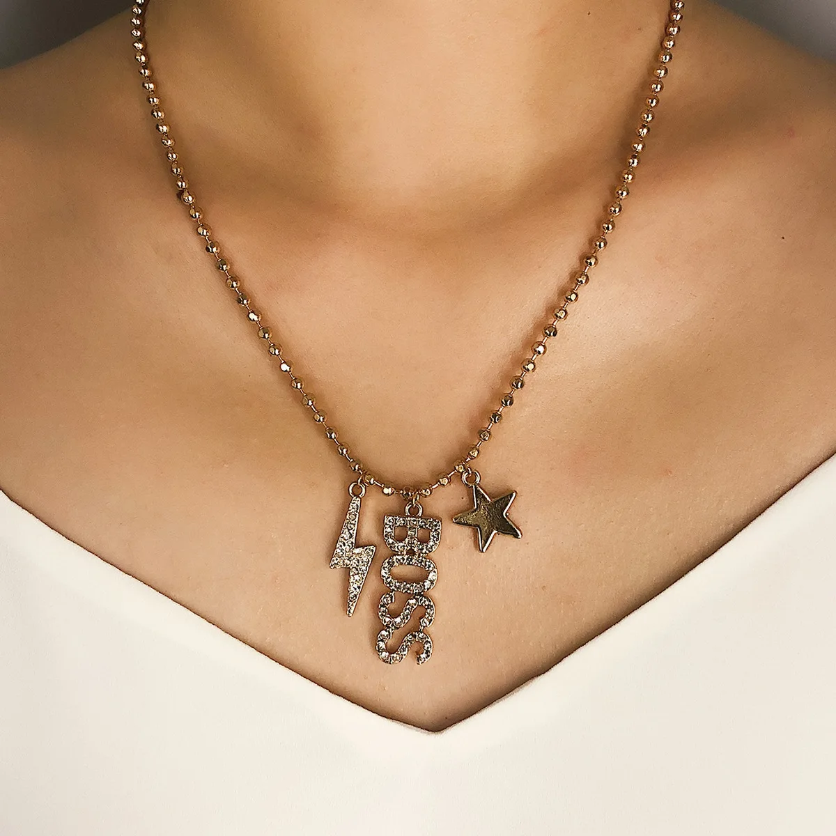 

GEREIT 2019 Gold Silver Bead Chain Necklace Shiny Rhinestones Lightning Letter Boss Plaid Little Star Pendant Necklace For Women