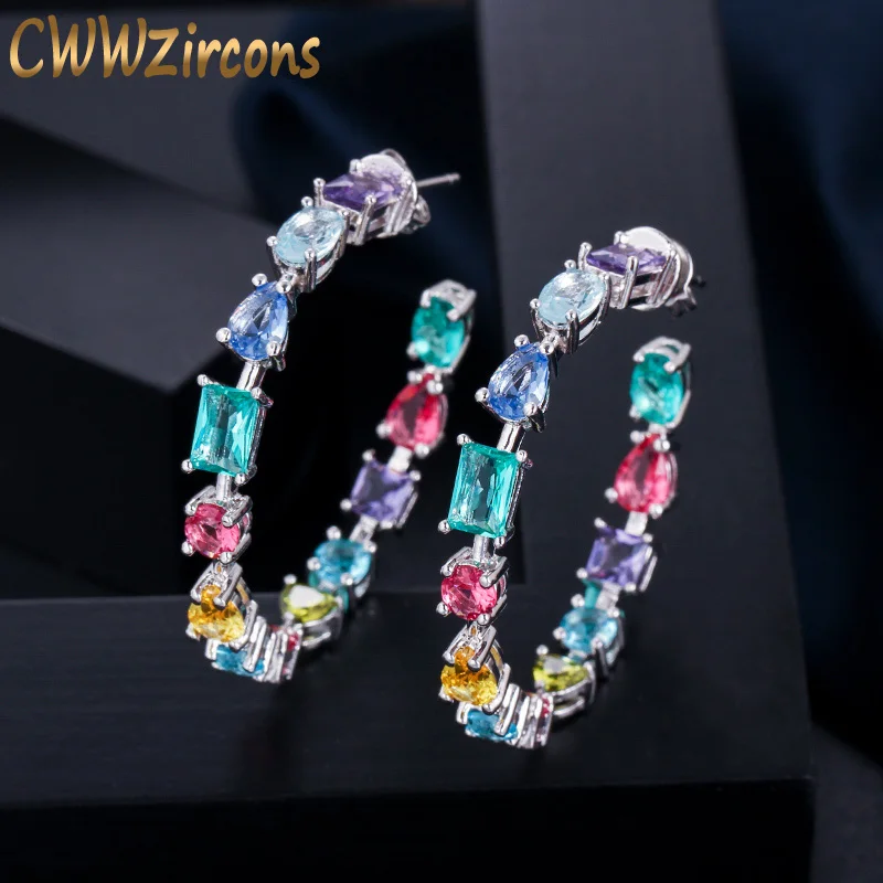 

CWWZircons Trendy American Cubic Zirconia Crystal MultiColored Big Hoop Earrings Circle Round Design Women Ear Jewelry CZ561