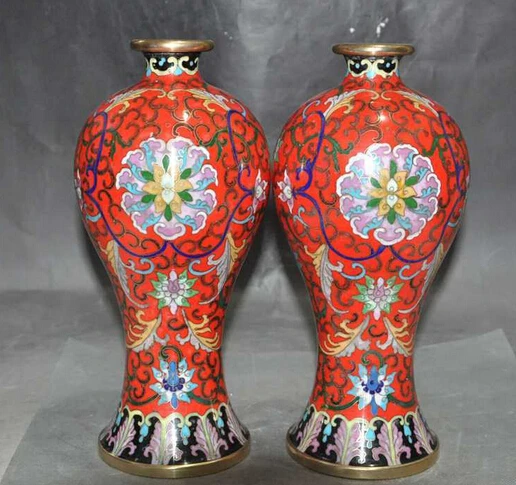 

006997 China bronze Cloisonne Auspicious flower statue Zun Cup Bottle Pot Vase Jar pair