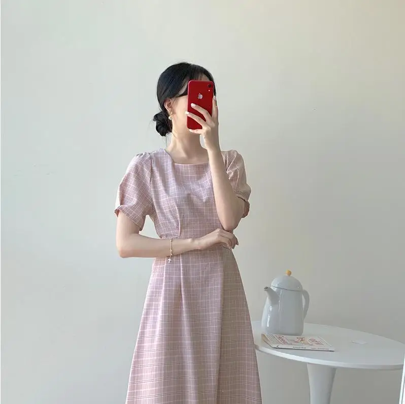 Vintage Dresses Hot Sales Woman Summer Short Sleeve Cute Sweet Korea Japan Style Design Blue Pink lattice Plaid Dress 6815