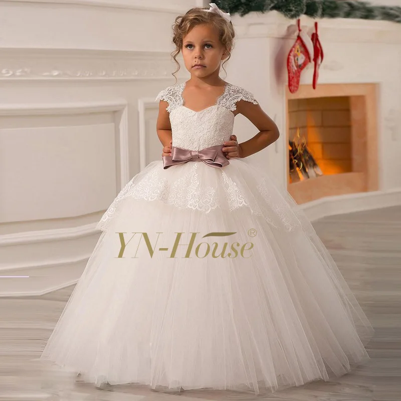 Cheap White Flower Girls Dresses For Wedding Gowns Cap Sleeve Lace Sash Bow Girl Birthday Party