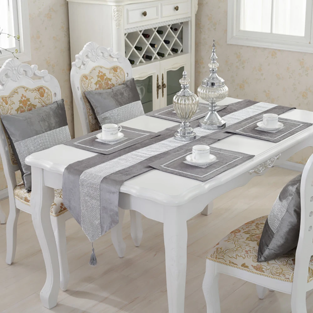 Flannel Diamond Table Runner Tablecloth + Velvet Rhinestone Cushion