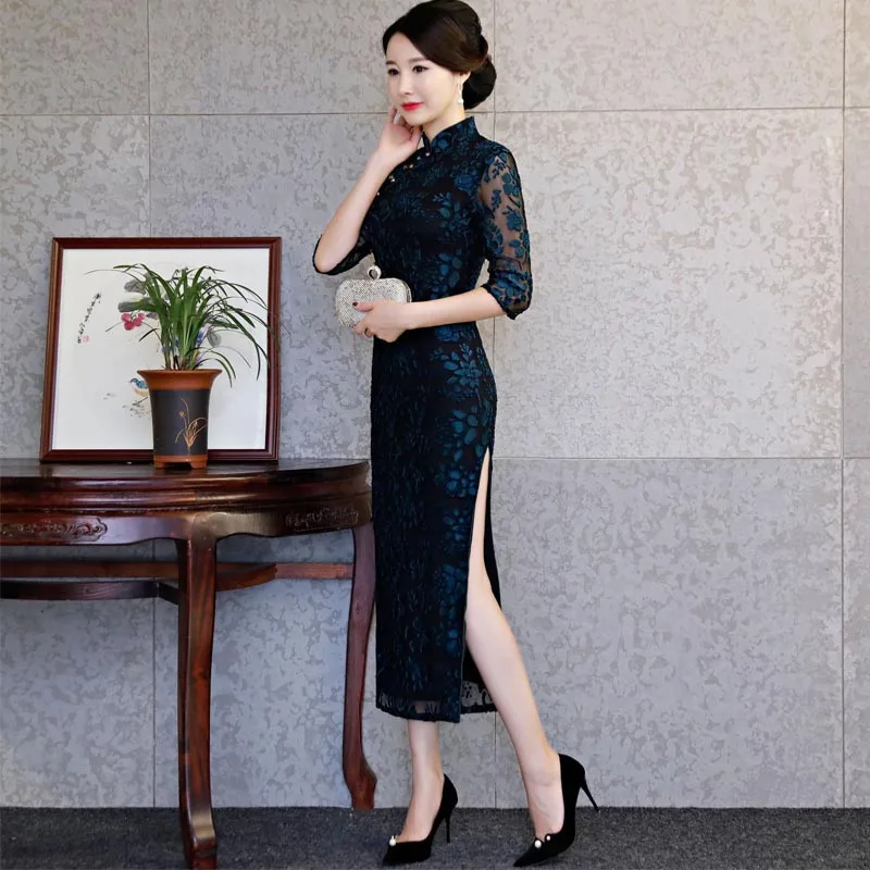 Черное кружевное китайское свадебное платье для женщин Cheongsam тонкое китайское традиционное платье женское длинное платье Ципао для свадебной вечеринки