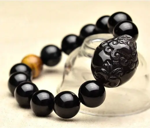 

Natural Obsidian Black stone Bead Bangle Bracelet Chinese Dragon Pixiu W129