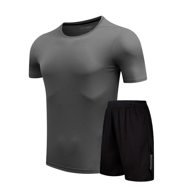 Мужские и женские футболки для бега, спортивные шорты+ короткие рукава, дышащие тренировочные костюмы для бега, бадминтона, тенниса, гольфа - Цвет: Gray 2Pcs set
