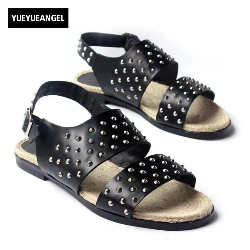 

2019 New Fashion Mens Summer Plaited Slipper Rivet Punk Genuine Leather Casual Beach Sandals Buckle Male Flats Gladiator Shoes