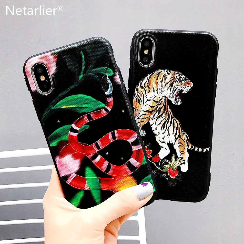 Netarlier Luxury Brand Case For iPhone 7 8 Red Snake Leaf Tiger Floral Emboss Pattern Protective Silicon Soft Matte Phone case |