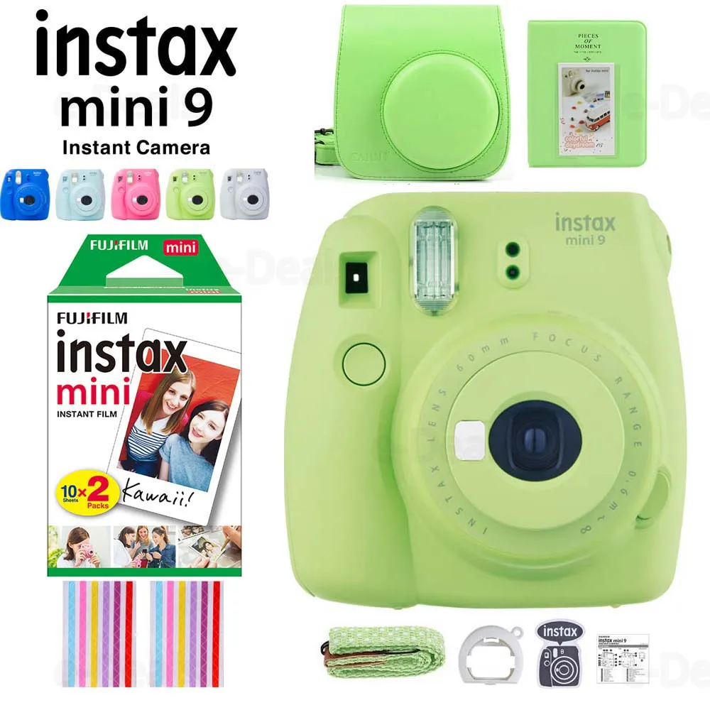 Fujifilm Instax Mini 9 мгновенных Фильм Камера с селфи зеркало/крупным планом объектив+ 20 листов Fuji белый пленка Фотобумага+ альбом+ PU Чехол - Цвет: Lime Green Set