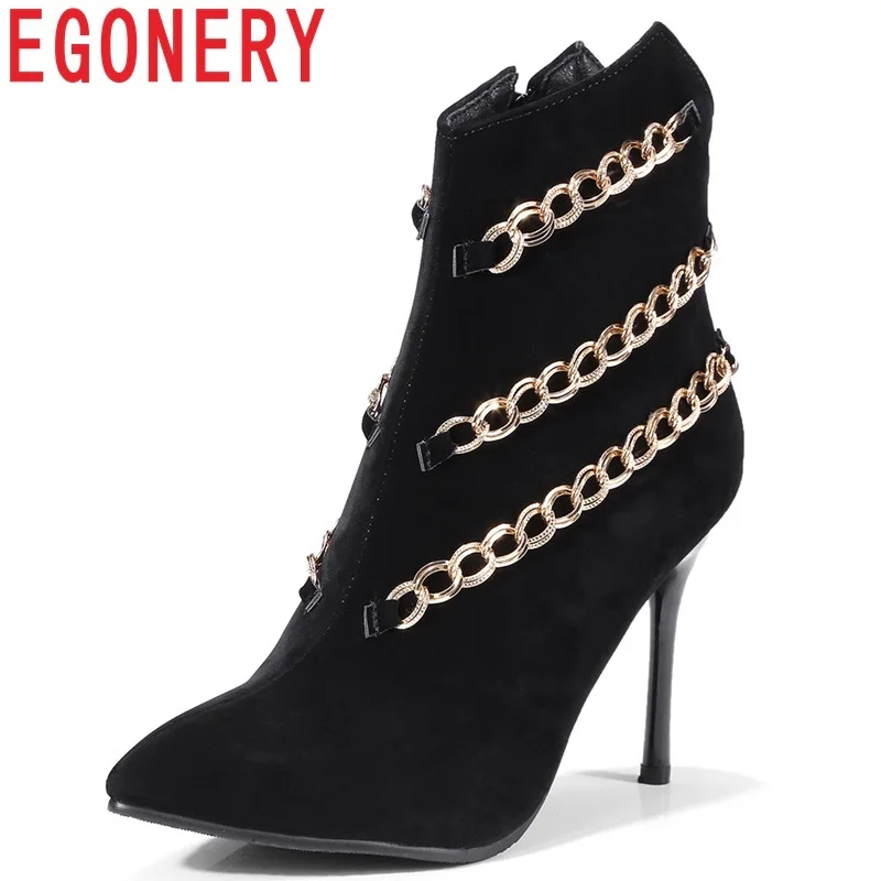 

EGONERY winter warm women shoes newest fashion sexy ankle boots super high thin heels zipper metal chain pointed toe flock boots
