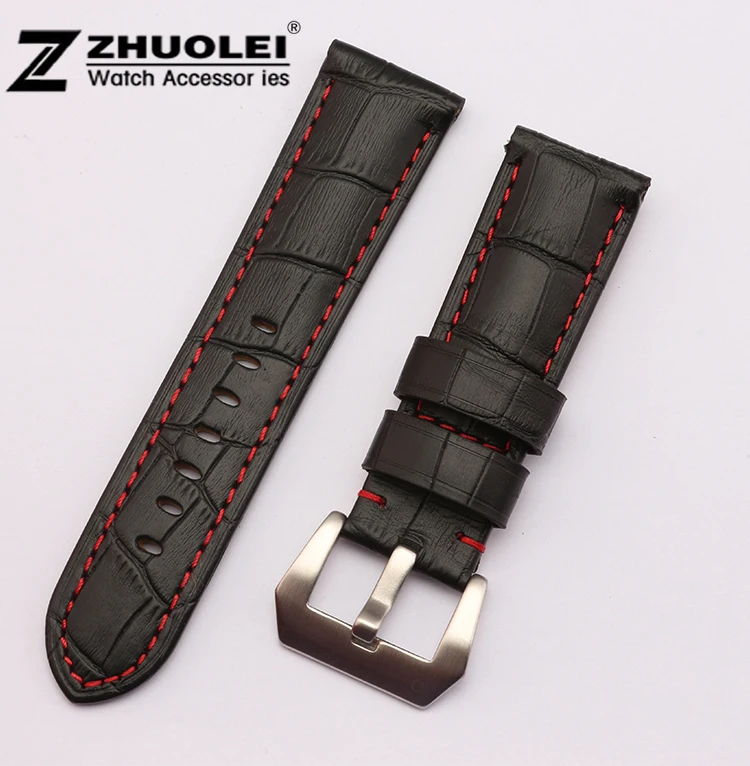 

Mens Genuine Leather Watch Strap Band Croco Grain Red stitching 24mm