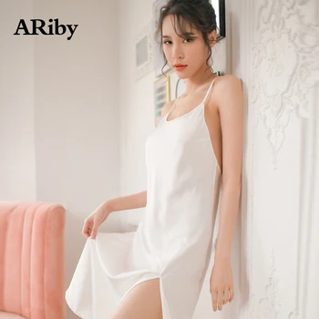 

Women Sling Silk Sexy Sleepwear 2019 Spring Summer Solid Open-forked Backless Sexy O-Neck Sleeping Dress Fashion Home Clothing