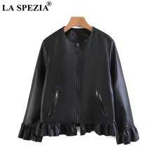 LA SPEZIA Leather Jackets For Women Black Biker Coats Ladies Bell Sleeve Zipper Pockets Motorcycle Solid Autumn Peplum Jackets