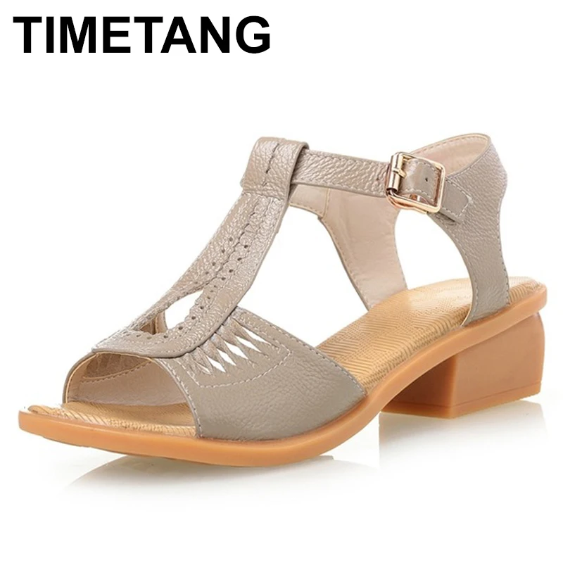

TIMETANG Summer Vintage Genuine Leather Shoes Women's Sandals Peep Toe Slip-resistant Mid Square Heel Shoes Woman
