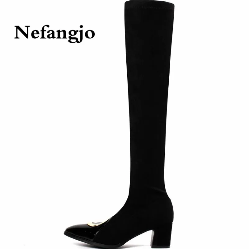 Nefangjo 2018 Новый корова Кожа Лаковая обувь носки сапоги эластичная обувь металлический крепеж колена пересечения сапоги