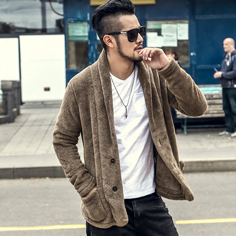 Men new arrival winter black Cardigan Jacket warm plush furry slim European style coat metrosexual man Plush cardigan suit |