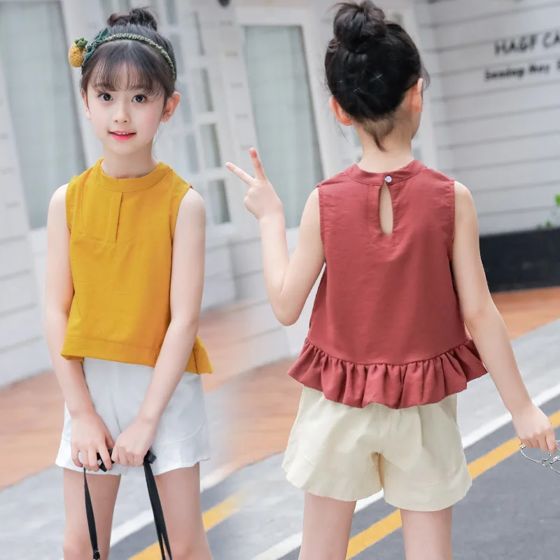 

2019 Summer Outfits Teenage Girls Clothing Sets Kids Girls Clothes 2pcs Suit Meisjes Kleding Sleeveless T-shirts Tops + Shorts