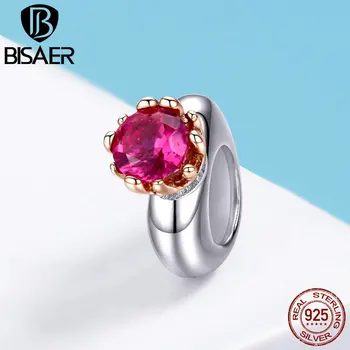 

BISAER 100% 925 Sterling Silver Pink Red Love Heart Beads Queen Crown Charms fit Women Bracelets DIY Jewelry Making ECC1116