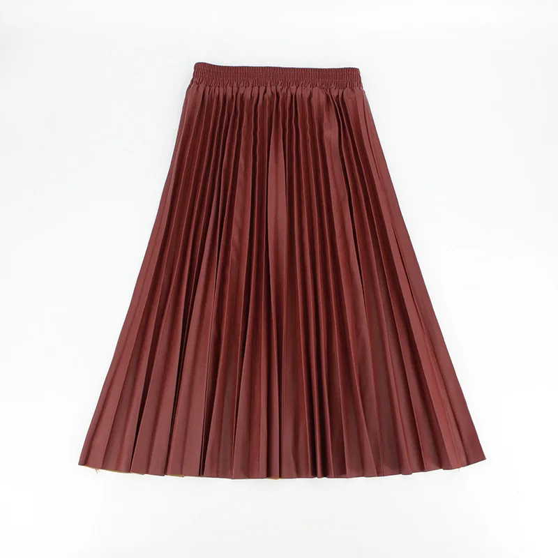 Зимние женские юбки плиссированные кожаные юбки с высокой талией эластичная талия линия длиной до колен женская юбка - Цвет: leather wine