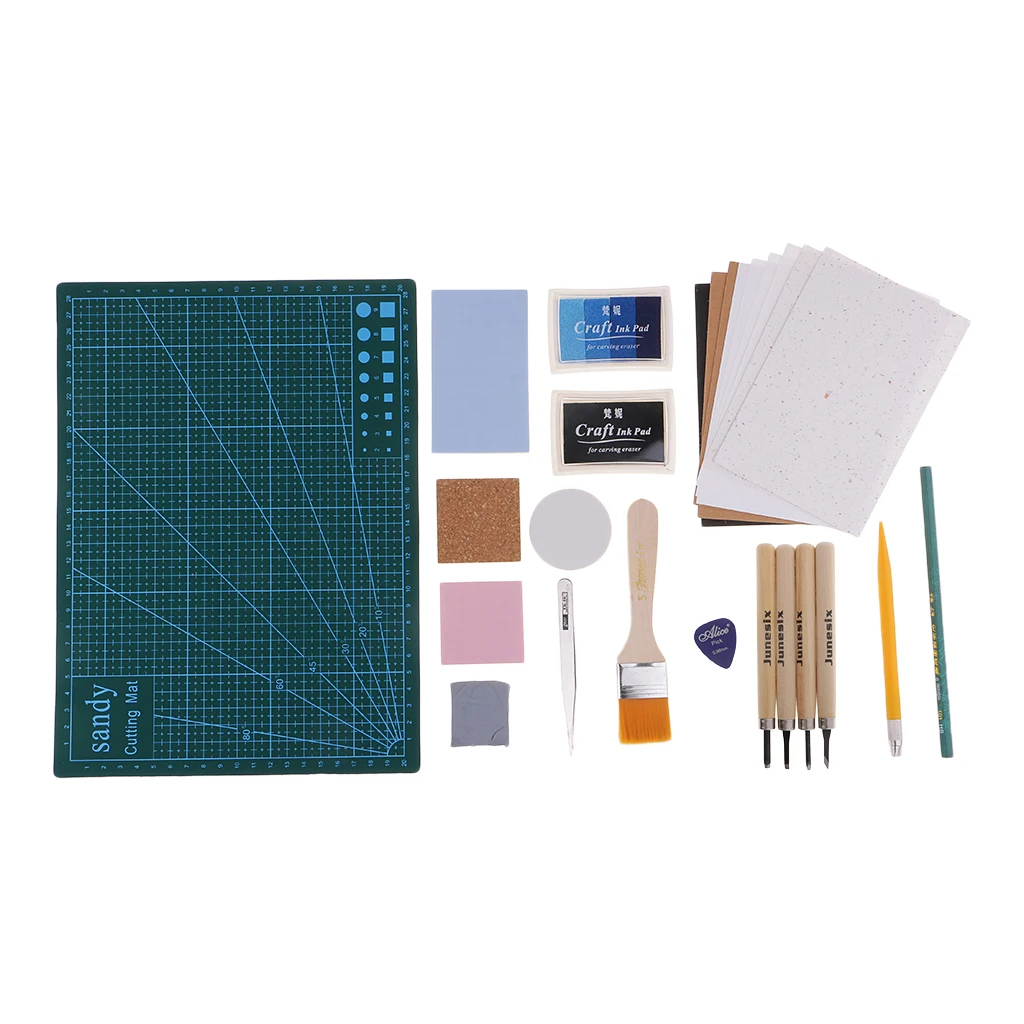 

Set of Hand Carve Rubber Stamp Kit Blocks/Carving Knife/Block printing ink/Inkpad/tweezers,Professional Rubber Carving Tools Set