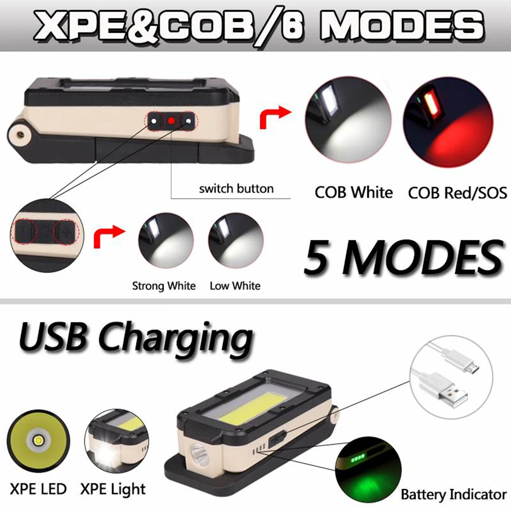 Мощный COB + XPE рабочий свет USB Перезаряжаемый фонарик Магнитный факел светодиодный