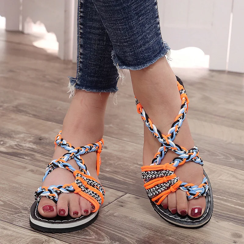 

Sandals Women Summer Ladies Sandals Patchwork Rope Flat Sandalen Comfy Beach Shoes Sapato Feminino Sandalias Mujer 2019