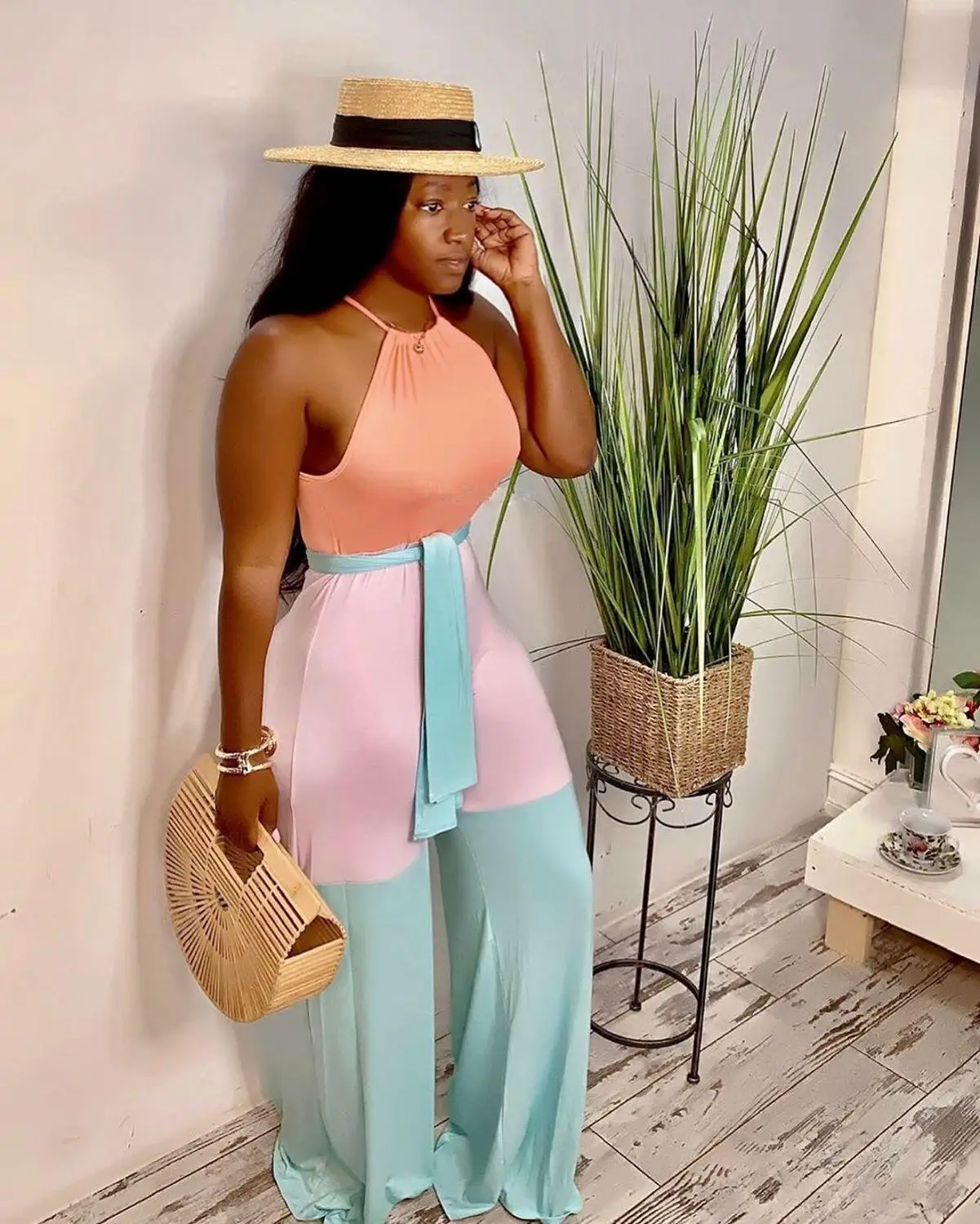 

Color Block Patchwork Female Jumpsuit Casual Off Shoulder Halter Long Pants Rompers Elegant Backless Bandage Overalls For Women