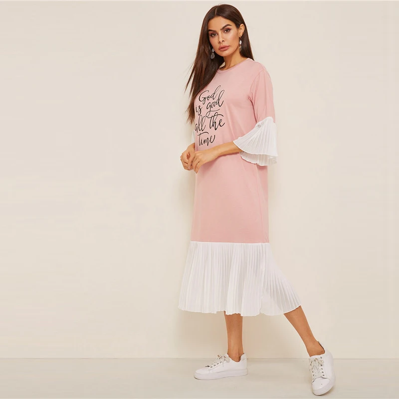 SHEIN летнее платье-хиджаб со слоганом и плиссировкой, женское повседневное свободное платье миди с рукавами-воланами, розовое длинное платье с коротким рукавом