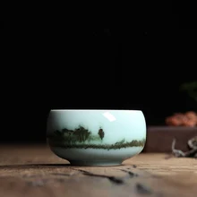 Китайский Longquan Высший сорт Celadon пейзаж КИТАЙСКИЕ чашки чаша для художественной коллекции старшим художником и ремесленником Подарочная посылка