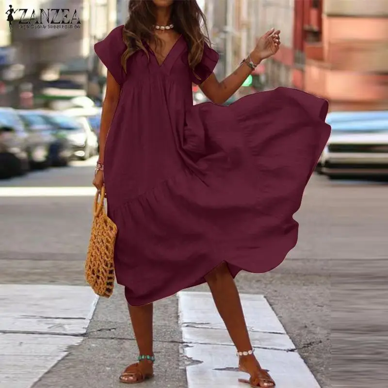 Платье С Рюшами размера плюс, Женский ассиметричный сарафан, ZANZEA, модное летнее макси платье, женское платье с коротким рукавом, Femme 5XL