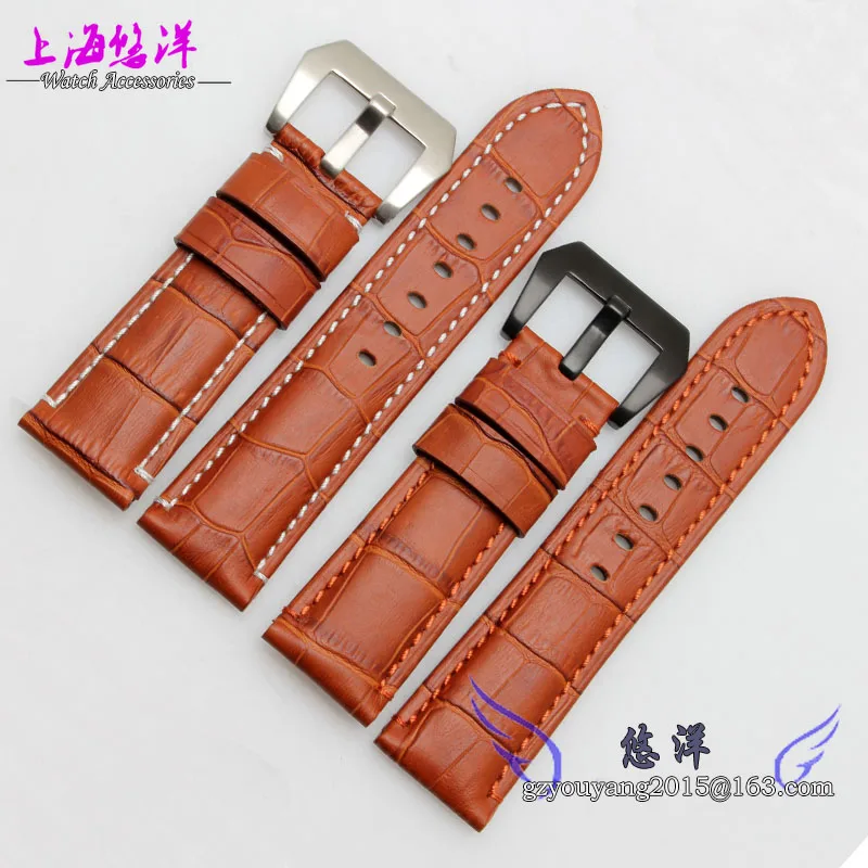 Watch band 24mm New Mens Black Light Brown Stitching Genuine Leather Watch Strap Band Bracelets