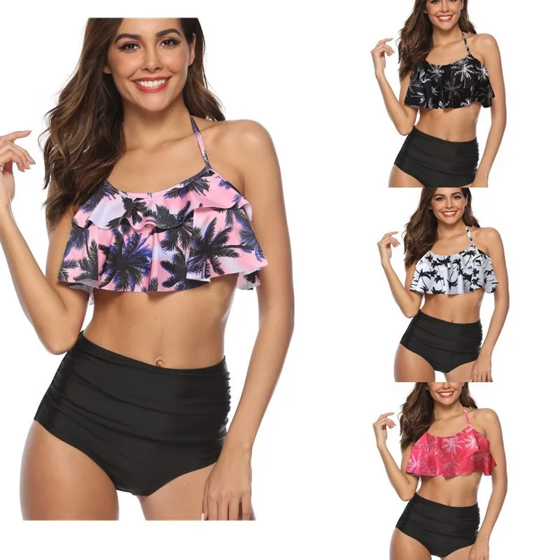 

High Waist Swimwear sexy Push Up Bandeau Bikini Set Ruffle Plus Size Women Swimsuit Female Halter Swimsuits Print Bathing Suits