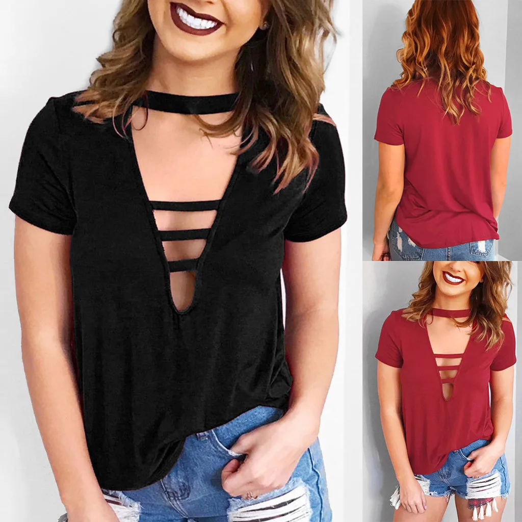 Camiseta informal de para Mujer, ropa con cuello de pico cortado, Harajuku, 2019|Camisetas| - AliExpress