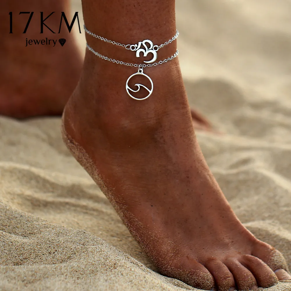 17 км Винтажный серебряный цвет Yoga OM Многослойные ножные браслеты для женщин богемные волнистые ножные браслеты браслет ручной работы ювелирные изделия сандалии подарок