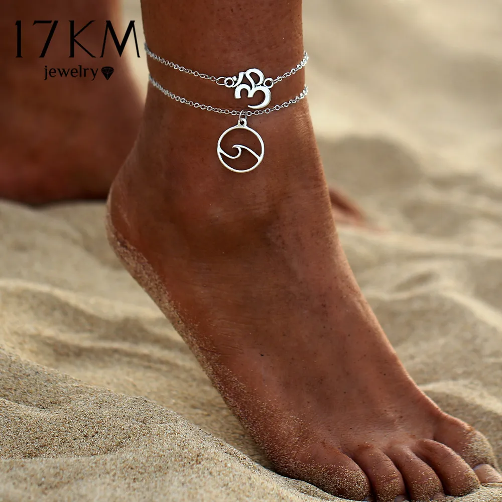 

17KM Vintage Sliver Color Yoga OM Multi Layer Anklets For Women Bohemian Wave Anklet Leg Bracelet Handmade Jewelry Sandals Gift