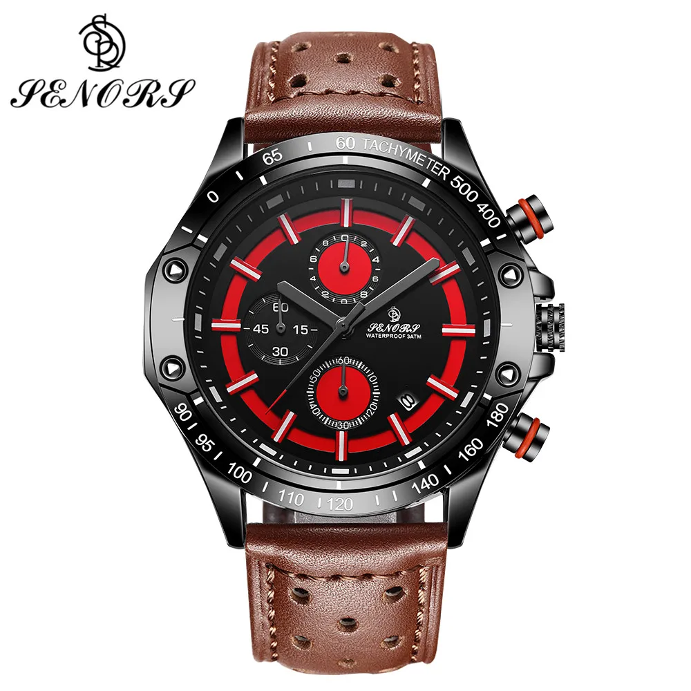 

SENORS Sports Men Chronograph Watch Calendar Display Auto Date Military Watches Brown Leather Strap Quartz Wristwatch Waterproof