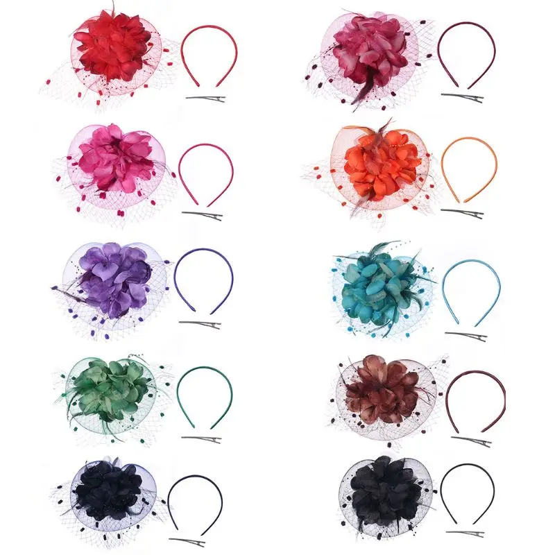 

3Pcs/Set Women Feather Fascinator mariage hair Jewerly Bridal Bead Mesh Big Flower Hair Clip Headband