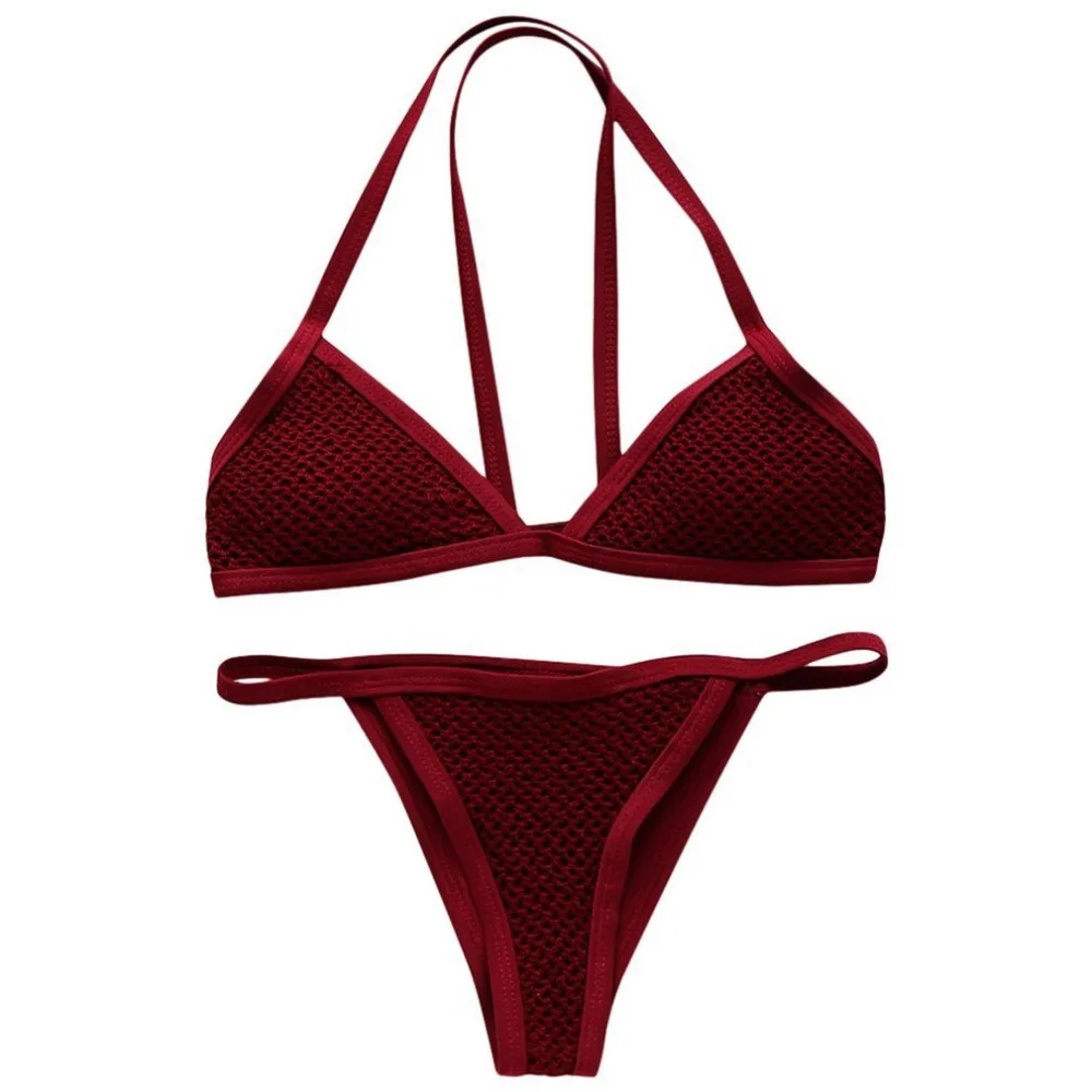 Sexy Crochet Bikini Set Triangle High Elasticity Women Red Wine Color Bandage Bikinis Set Simple